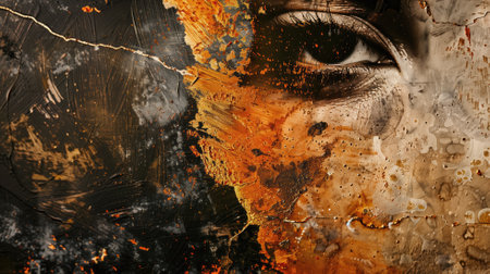 A close-up of an abstract painting featuring a detailed human eyeの素材