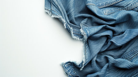 Textured, crumpled denim fabric sprawling over a white surfaceの素材