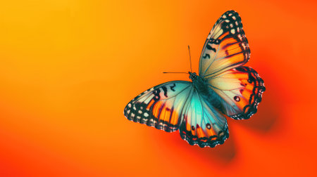 A colorful butterfly with open wings on a bright orange backdropの素材