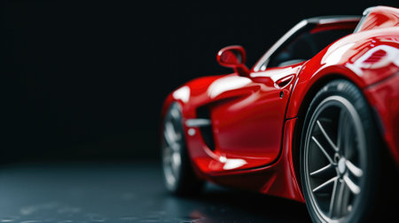 A sleek red sports car with a reflective finish on a black backgroundの素材