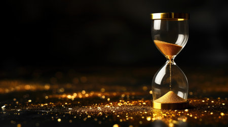 Golden hourglass on glittering black backdrop counting timeの素材