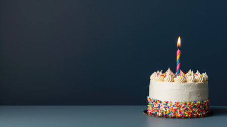 A festive birthday cake with colorful sprinkles and a single lit candleの素材