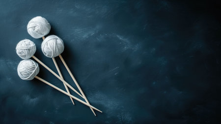 White balls of yarn with long knitting needles on a dark blue textured backgroundの素材