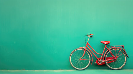 Vibrant red bicycle stands out on a green backgroundの素材