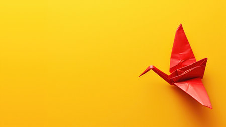 Red origami crane on a yellow backdrop, an intricate paper folding artの素材