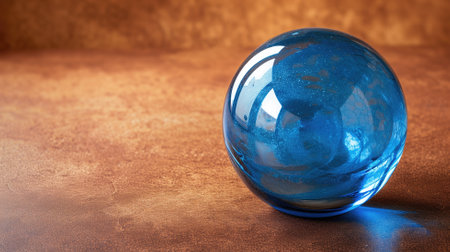 A translucent blue glass marble on a textured brown surfaceの素材