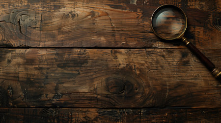 Magnifying glass on an old rustic wooden table surfaceの素材