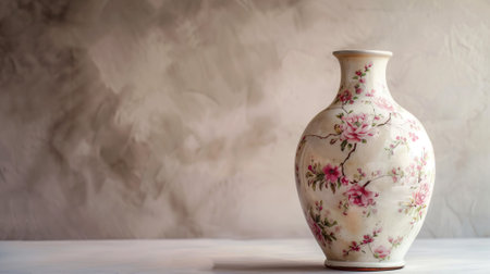 Classic porcelain vase with delicate floral design on soft backdropの素材