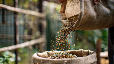 A close-up of a person pouring animal feed from a sack into a feederの素材
