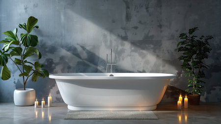 Modern bathroom with standalone tub, candles, and houseplants for a serene spa atmosphereの素材