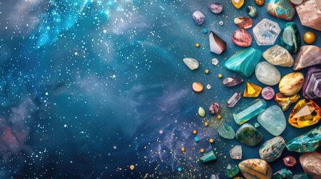 A vibrant selection of gemstones scattered on a celestial background, radiating mystique and diversityの素材