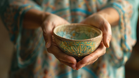 Person holding a handcrafted bowl with intricate patternsの素材