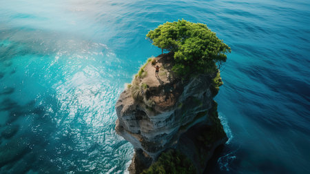 A lone tree stands on a steep cliff above a crystal-blue oceanの素材
