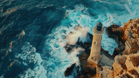 Lighthouse on rocky cliffs with a turbulent sea at sunsetの素材