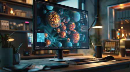 Visualization of Viruses on Computer Screen in Modern Officeの素材