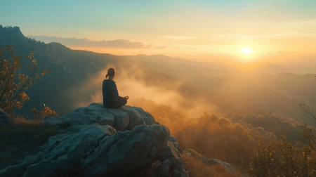Person meditating on a mountain at sunrise with a foggy valleyの素材