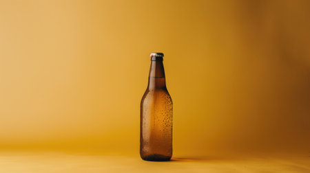 A chilled brown beer bottle with condensation beads on a vibrant yellow backgroundの素材