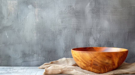 A polished wooden bowl resting on a textured grey background with soft natural lightの素材