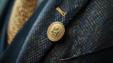 Golden blazer button detail on patterned blue fabricの素材