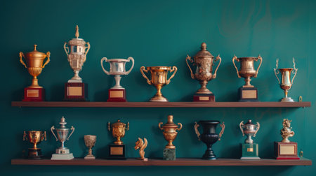 An elegant collection of trophies on shelves against a teal backdropの素材
