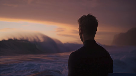 Silhouette of a person against a dramatic ocean wave at duskの素材
