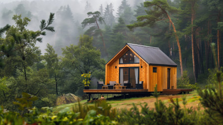 Cabin in the woods during a misty morningの素材