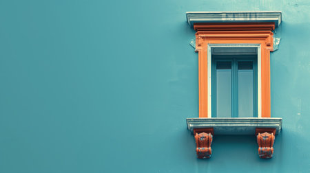 A classic window with orange trims stands out on a vibrant teal-colored wallの素材