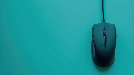 A sleek, black computer mouse on a vibrant turquoise background, epitomizing modern minimalismの素材