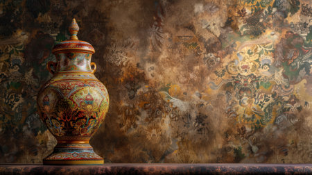 An intricately designed vase against an elaborate patterned backdrop with a vintage feelの素材