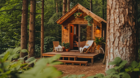 Cozy wooden cabin in a serene forest settingの素材