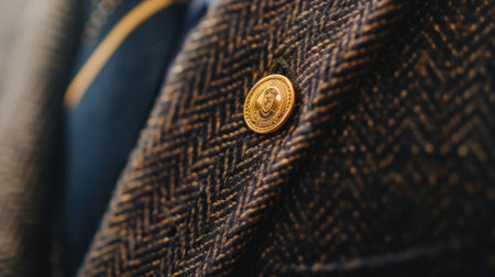Close-up of a golden button on a houndstooth jacketの素材