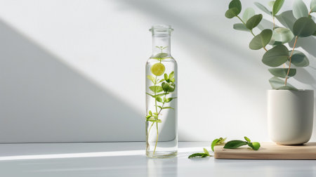 Clear bottle with infused water, fresh green herbs and citrus slices on a bright backgroundの素材