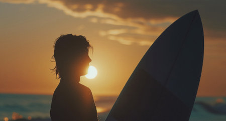Silhouette of a surfer holding a board at sunset on the beachの素材