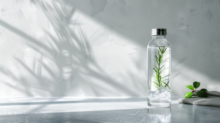 Clear bottle with rosemary and ice, beside green leavesの素材