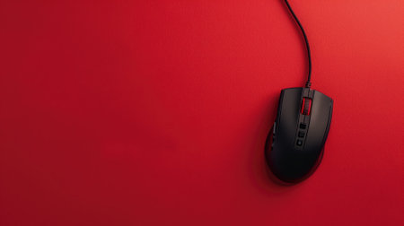 Black computer mouse on a vivid red backdrop, minimalist technology conceptの素材