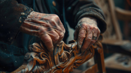 Aged hands intricately carving wooden details, showcasing craftsmanship and traditionの素材