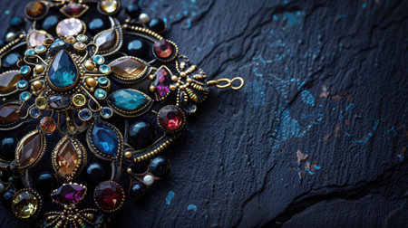 Exquisite vintage jewelry with gems on dark slate backgroundの素材