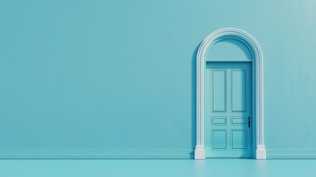 A simple, elegant blue door set in a matching blue wall, invoking a sense of calm and curiosityの素材