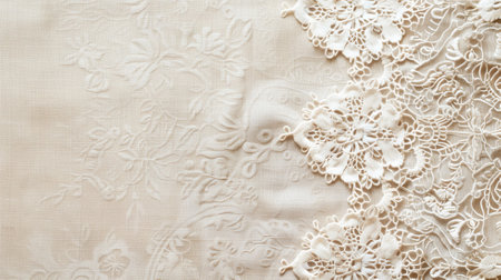 Delicate lace fabric with intricate embroidery and floral patternsの素材