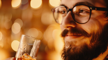 Man smiling with eyeglasses holding a whiskey glass, bokeh backgroundの素材
