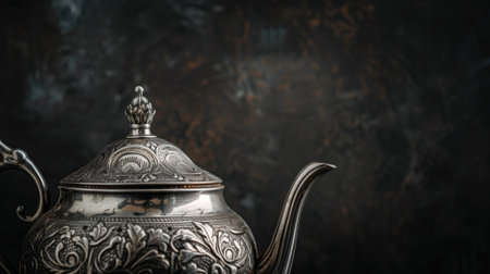 An elegant antique silver teapot with intricate patterns on a dark backgroundの素材