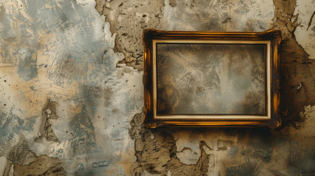 Ornate empty picture frame on a distressed wall with peeling paintの素材