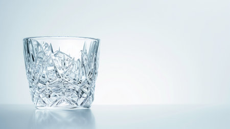 A single crystal whiskey glass on a reflective white surfaceの素材
