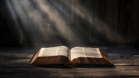 Open book with magical glowing light on wooden surfaceの素材