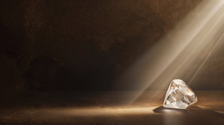 A single crystal prism glows under a dramatic spotlight against a dark backgroundの素材