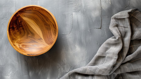 Wooden bowl on a gray background with cloth textureの素材