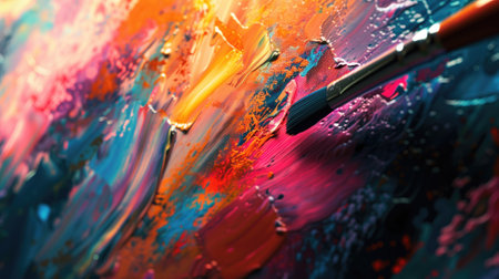 A vibrant abstract painting in progress with paintbrushes adding lively colorsの素材