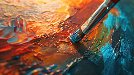 Vivid colors merging on canvas with a paintbrush in motionの素材