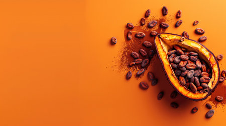 Opened cocoa pod revealing rich cocoa beans on an orange backdropの素材