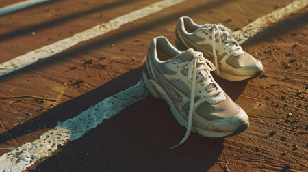 Running shoes on a track with long shadows during sunsetの素材